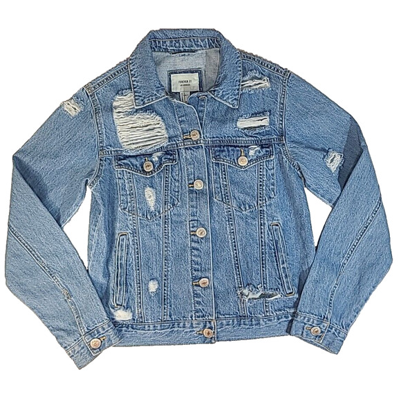 Forever 21 Jean Jacket Women's Small Blue Denim Distressed Button Front Pockets - Picture 1 of 6